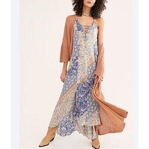 Free People Patchwork Floral Maxi Dress in Blue and Cream